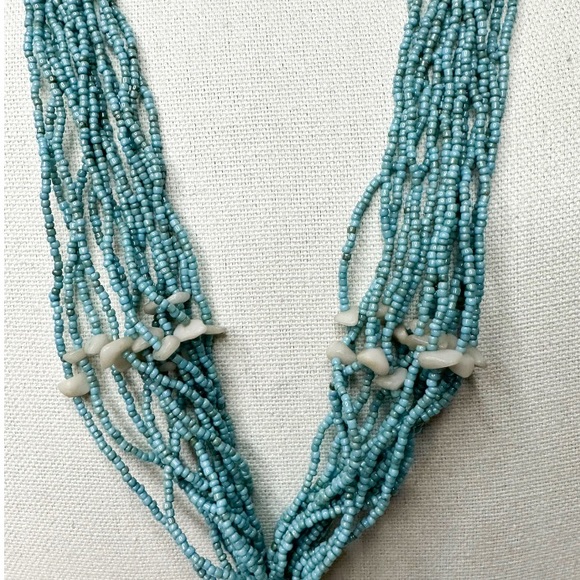 Light Ocean Blue Necklace Sea Shell Seed Beads Multi Strand Statement Tassel - Picture 5 of 7